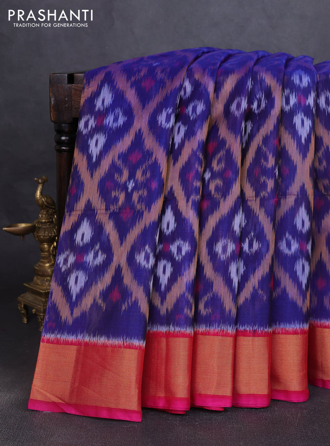 Ikat silk cotton saree blue and pink with allover ikat weaves and zari woven border