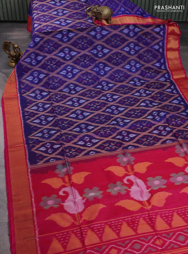 Ikat silk cotton saree blue and pink with allover ikat weaves and zari woven border