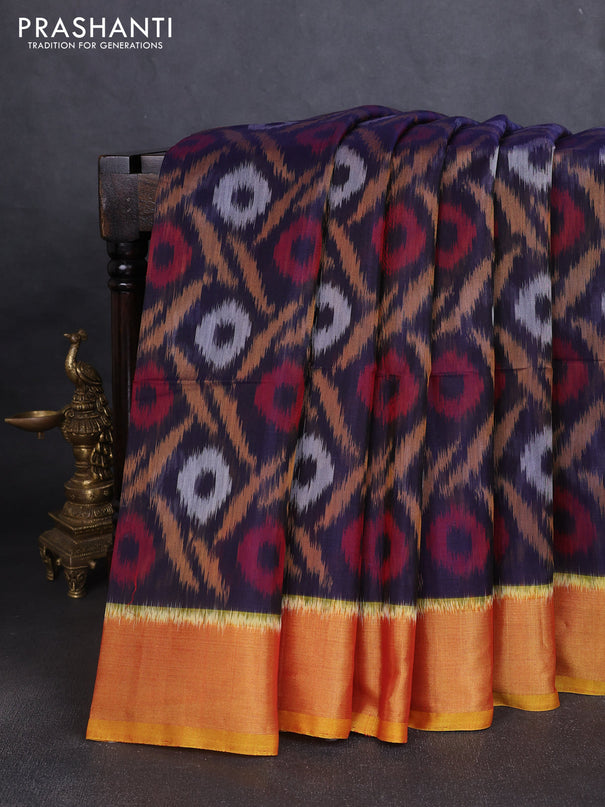 Ikat silk cotton saree navy blue and dark mustard with allover ikat weaves and zari woven border