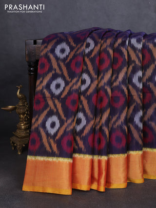 Ikat silk cotton saree navy blue and dark mustard with allover ikat weaves and zari woven border