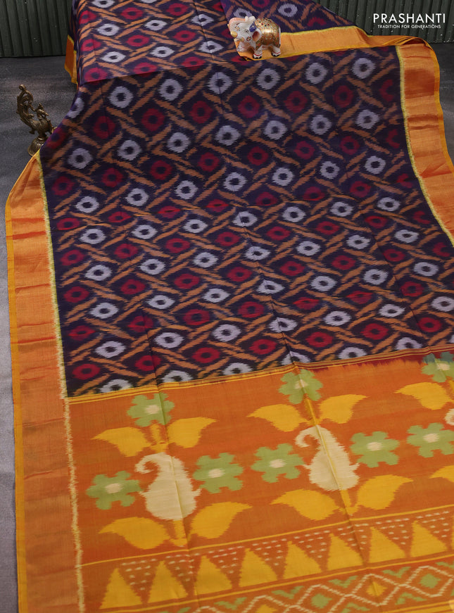 Ikat silk cotton saree navy blue and dark mustard with allover ikat weaves and zari woven border