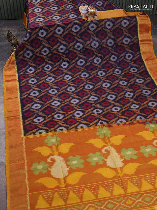 Ikat silk cotton saree navy blue and dark mustard with allover ikat weaves and zari woven border