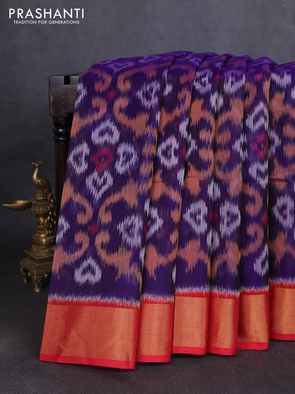 Ikat silk cotton saree blue and red with allover ikat weaves and zari woven border