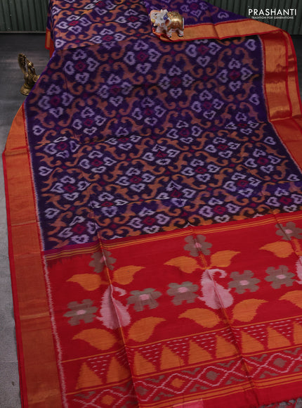 Ikat silk cotton saree blue and red with allover ikat weaves and zari woven border