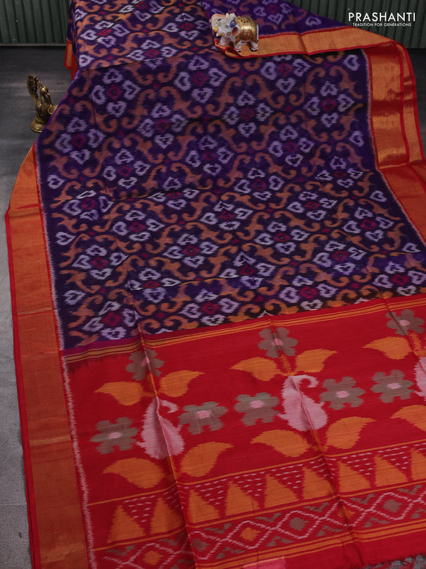 Ikat silk cotton saree blue and red with allover ikat weaves and zari woven border
