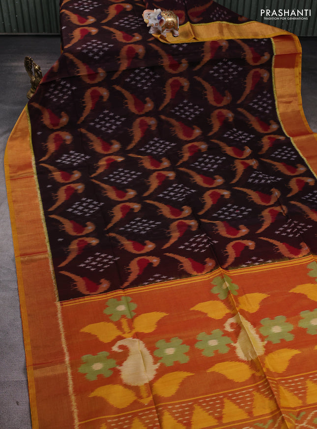 Ikat silk cotton saree coffee brown and dual shade of dark mustard with allover ikat weaves and zari woven border