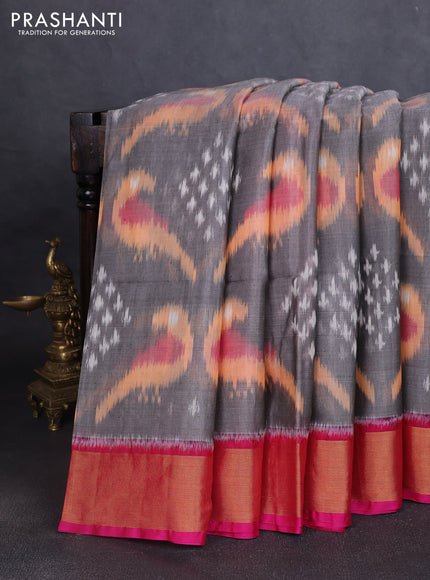 Ikat silk cotton saree grey and pink with allover ikat weaves and zari woven border