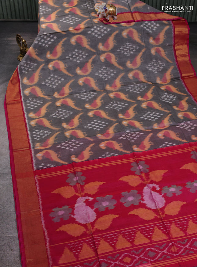 Ikat silk cotton saree grey and pink with allover ikat weaves and zari woven border