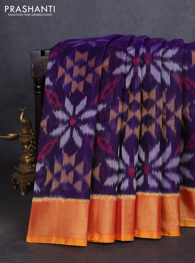 Ikat silk cotton saree blue and dual shade of dark mustard with allover ikat weaves and zari woven border