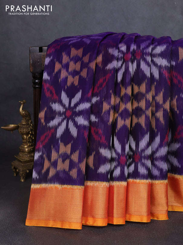Ikat silk cotton saree blue and dual shade of dark mustard with allover ikat weaves and zari woven border