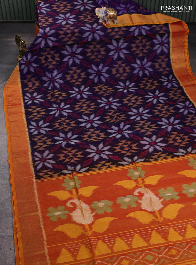 Ikat silk cotton saree blue and dual shade of dark mustard with allover ikat weaves and zari woven border