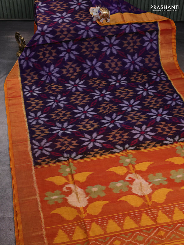 Ikat silk cotton saree blue and dual shade of dark mustard with allover ikat weaves and zari woven border