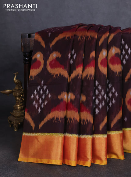 Ikat silk cotton saree coffee brown and dark mustard with allover ikat weaves and zari woven border
