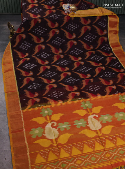 Ikat silk cotton saree coffee brown and dark mustard with allover ikat weaves and zari woven border