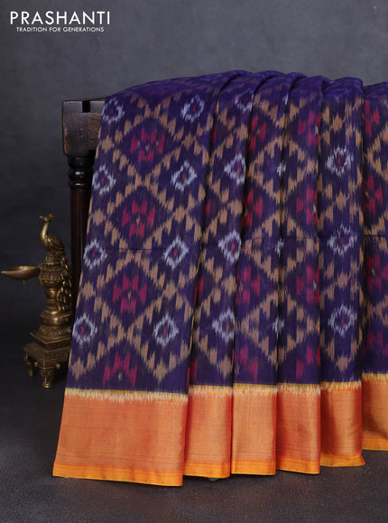 Ikat silk cotton saree navy blue and dual shade of dark mustard with allover ikat weaves and zari woven border