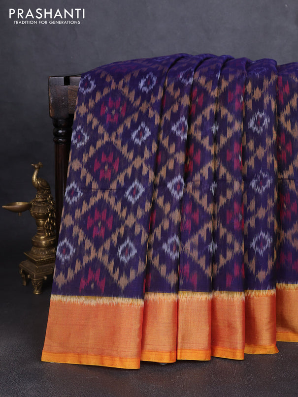 Ikat silk cotton saree navy blue and dual shade of dark mustard with allover ikat weaves and zari woven border