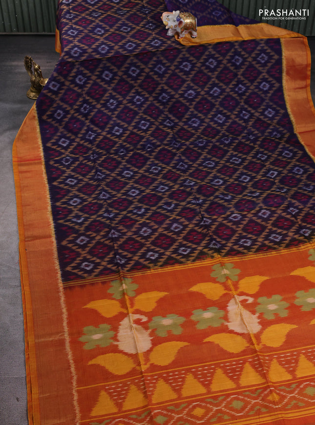 Ikat silk cotton saree navy blue and dual shade of dark mustard with allover ikat weaves and zari woven border