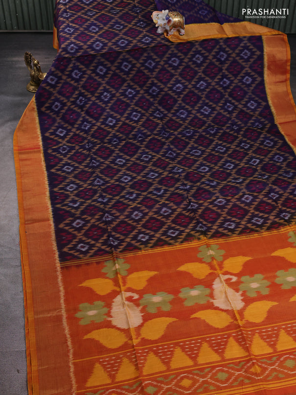 Ikat silk cotton saree navy blue and dual shade of dark mustard with allover ikat weaves and zari woven border