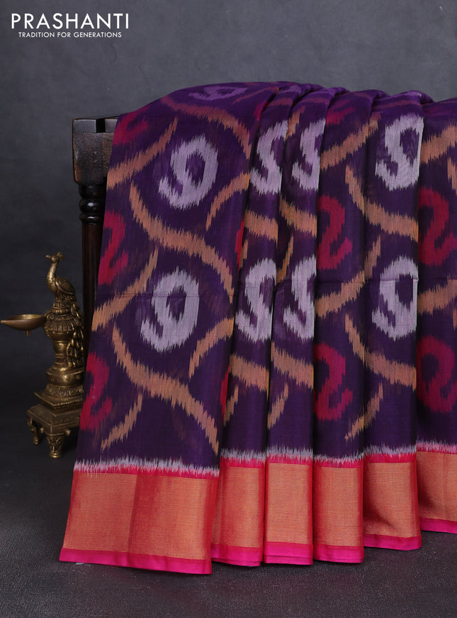 Ikat silk cotton saree deep violet and pink with allover ikat weaves and zari woven border