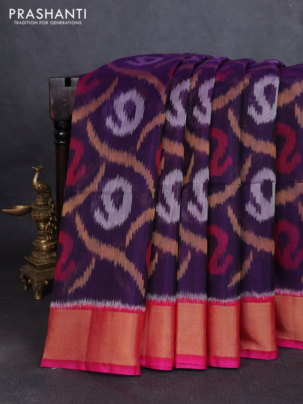 Ikat silk cotton saree deep violet and pink with allover ikat weaves and zari woven border
