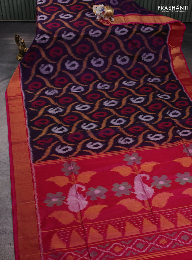 Ikat silk cotton saree deep violet and pink with allover ikat weaves and zari woven border