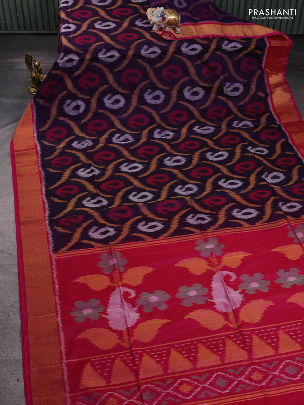 Ikat silk cotton saree deep violet and pink with allover ikat weaves and zari woven border