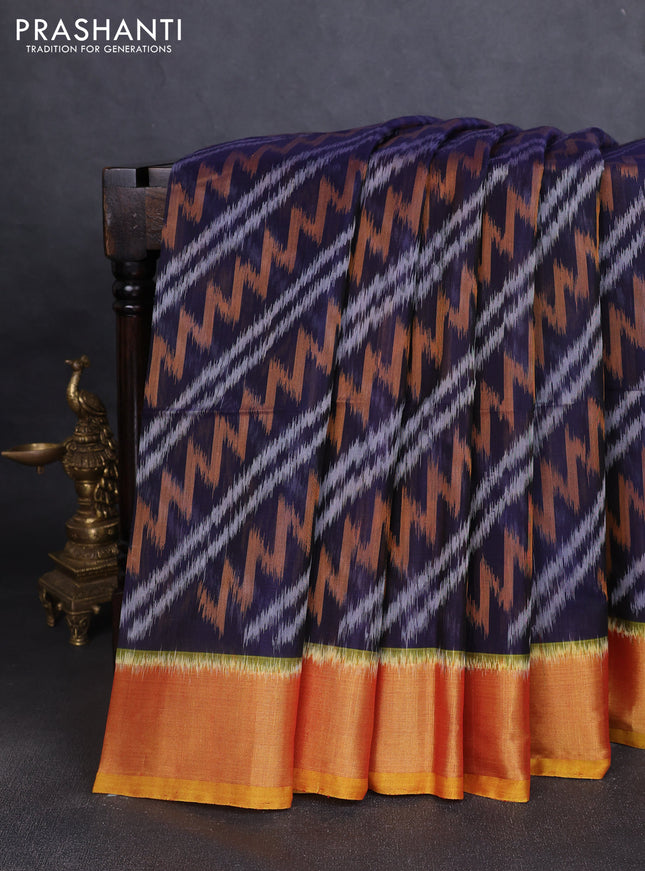 Ikat silk cotton saree navy blue and dark mustard with allover ikat weaves and zari woven border