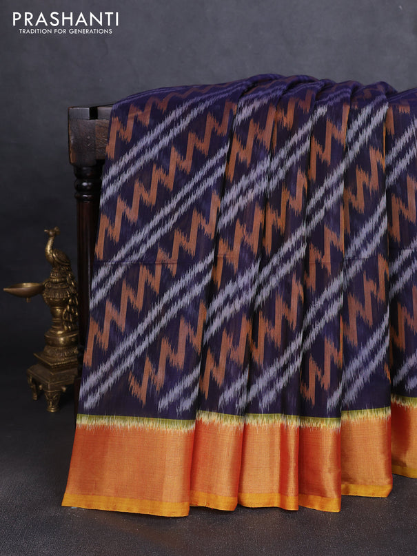 Ikat silk cotton saree navy blue and dark mustard with allover ikat weaves and zari woven border
