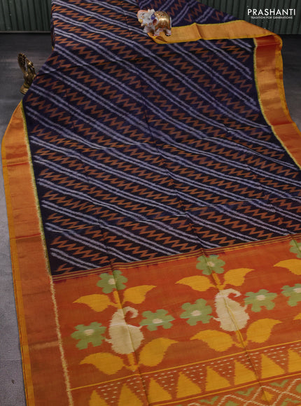 Ikat silk cotton saree navy blue and dark mustard with allover ikat weaves and zari woven border