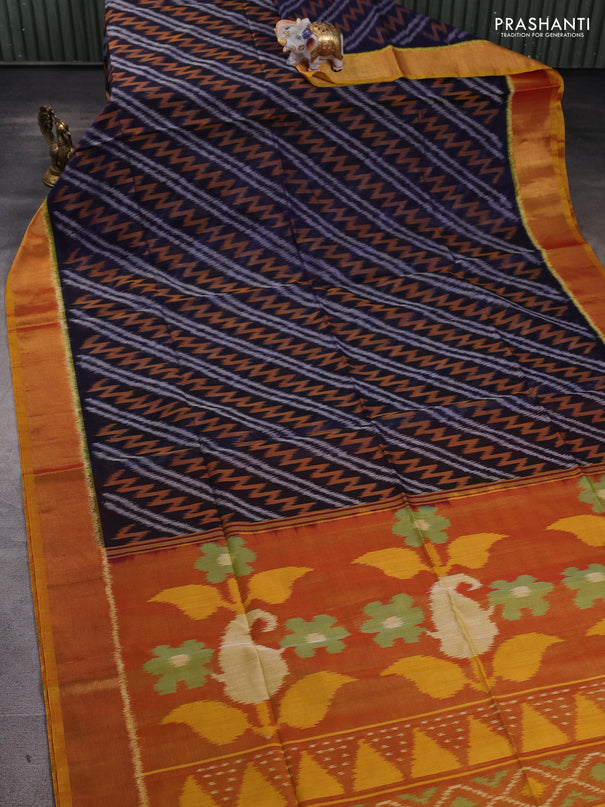 Ikat silk cotton saree navy blue and dark mustard with allover ikat weaves and zari woven border