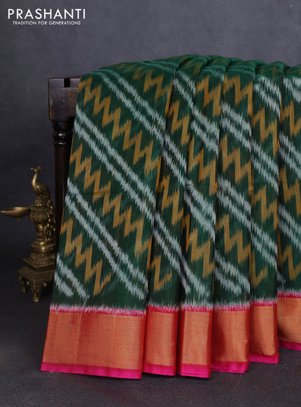 Ikat silk cotton saree green and pink with allover ikat weaves and zari woven border
