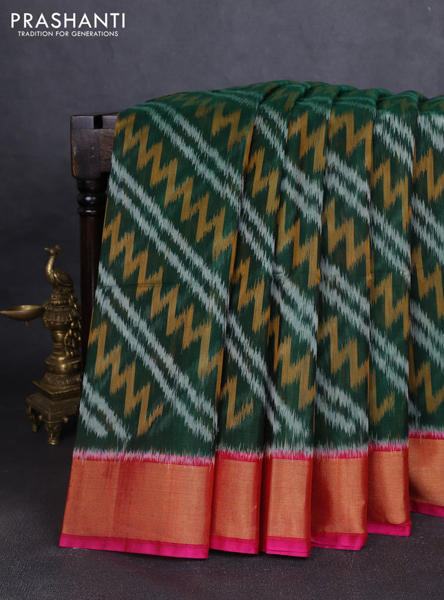 Ikat silk cotton saree green and pink with allover ikat weaves and zari woven border