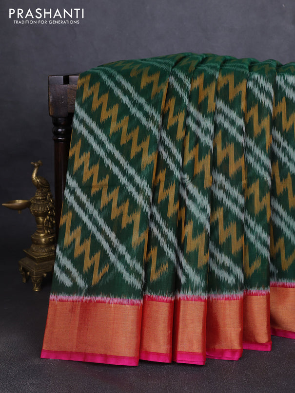 Ikat silk cotton saree green and pink with allover ikat weaves and zari woven border