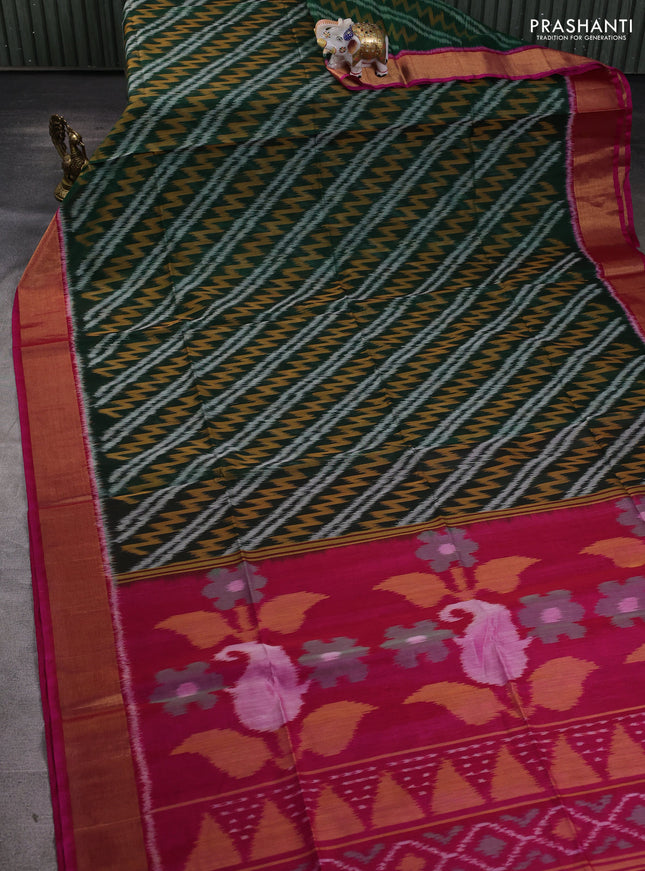 Ikat silk cotton saree green and pink with allover ikat weaves and zari woven border