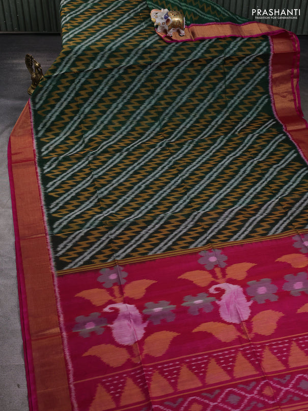 Ikat silk cotton saree green and pink with allover ikat weaves and zari woven border