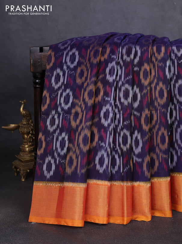 Ikat silk cotton saree navy blue and dual shade of dark mustard with allover ikat weaves and zari woven border