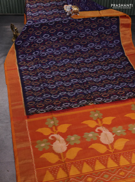 Ikat silk cotton saree navy blue and dual shade of dark mustard with allover ikat weaves and zari woven border