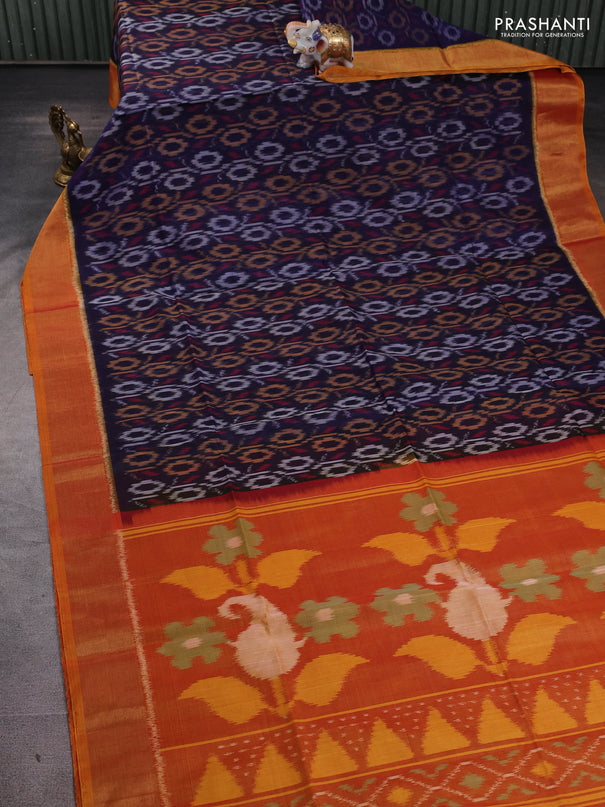 Ikat silk cotton saree navy blue and dual shade of dark mustard with allover ikat weaves and zari woven border