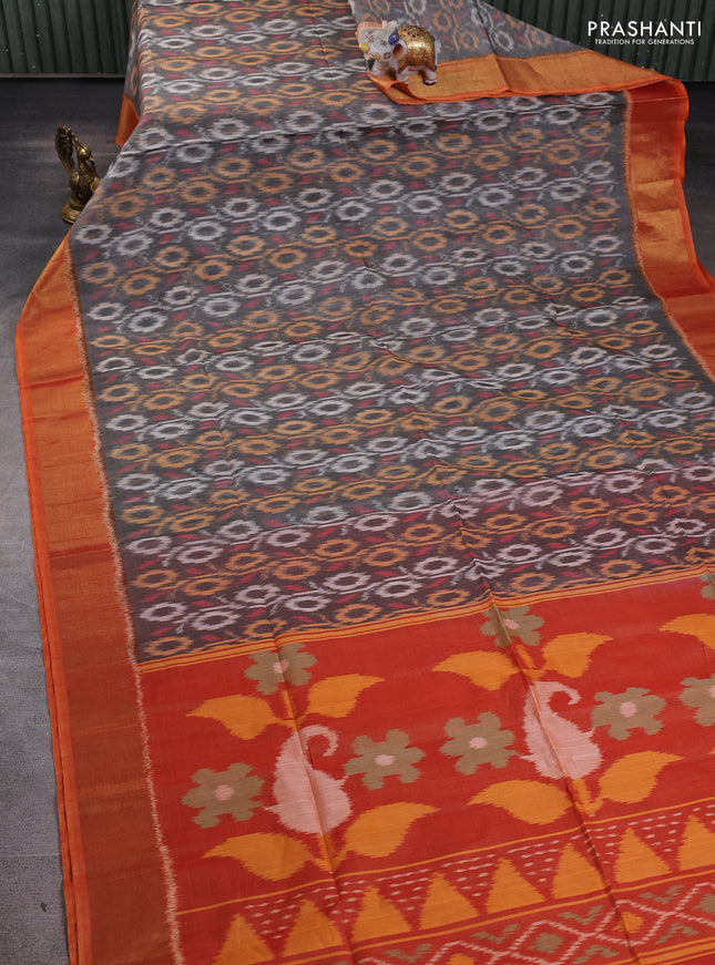 Ikat silk cotton saree grey and dual shade of orange with allover ikat weaves and zari woven border