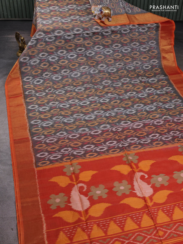 Ikat silk cotton saree grey and dual shade of orange with allover ikat weaves and zari woven border