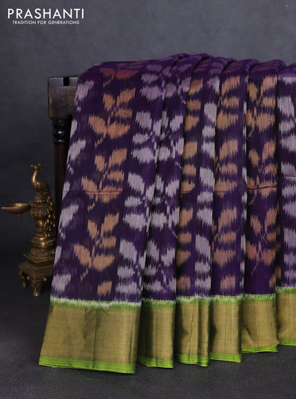 Ikat silk cotton saree deep violet and mehendi green with allover ikat weaves and zari woven border