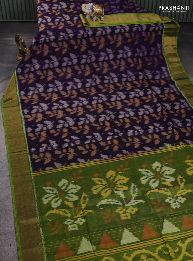 Ikat silk cotton saree deep violet and mehendi green with allover ikat weaves and zari woven border