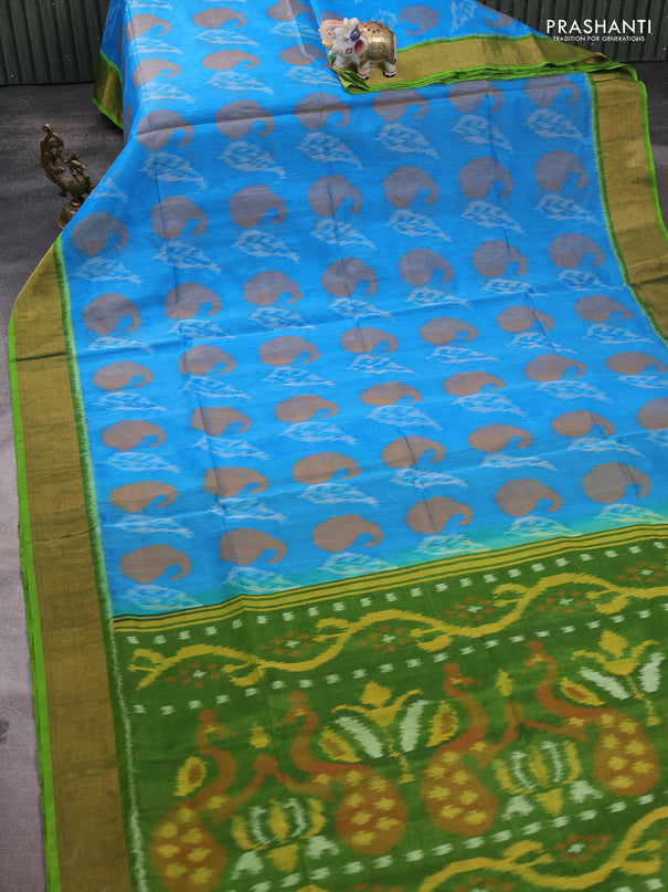 Ikat silk cotton saree blue and parrot green with allover ikat butta weaves and zari woven border