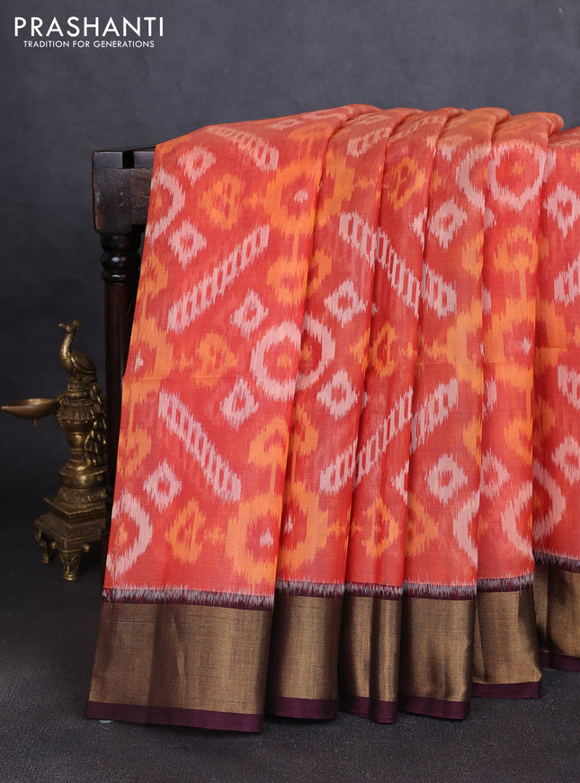 Ikat silk cotton saree rustic orange and wine shade with allover ikat weaves and zari woven border