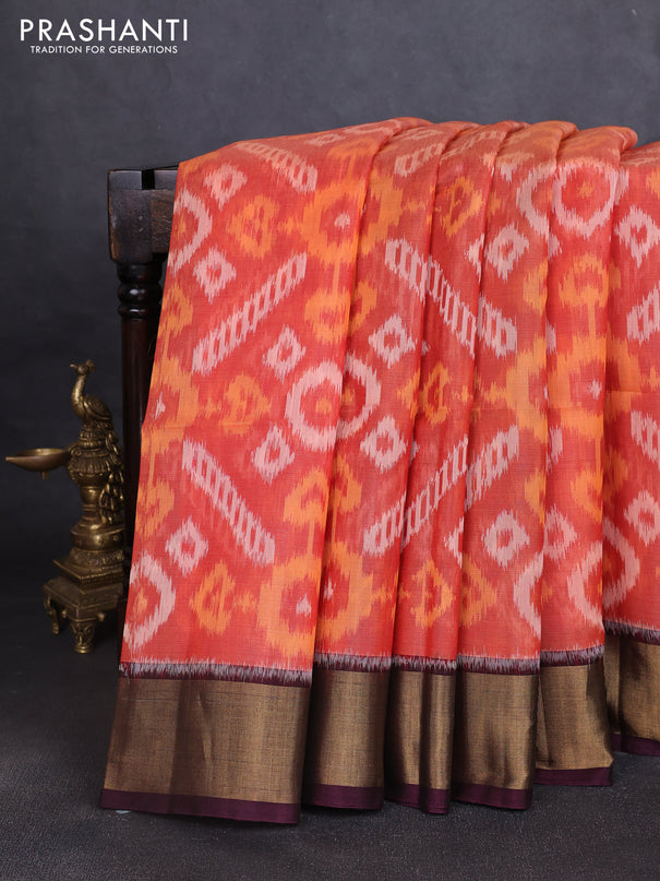 Ikat silk cotton saree rustic orange and wine shade with allover ikat weaves and zari woven border