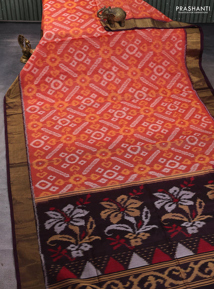 Ikat silk cotton saree rustic orange and wine shade with allover ikat weaves and zari woven border