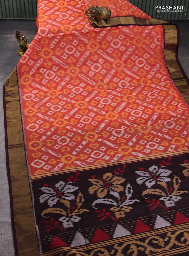 Ikat silk cotton saree rustic orange and wine shade with allover ikat weaves and zari woven border