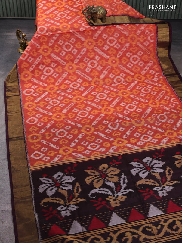 Ikat silk cotton saree rustic orange and wine shade with allover ikat weaves and zari woven border