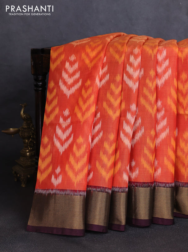 Ikat silk cotton saree orange and coffee brown with allover ikat weaves and zari woven border