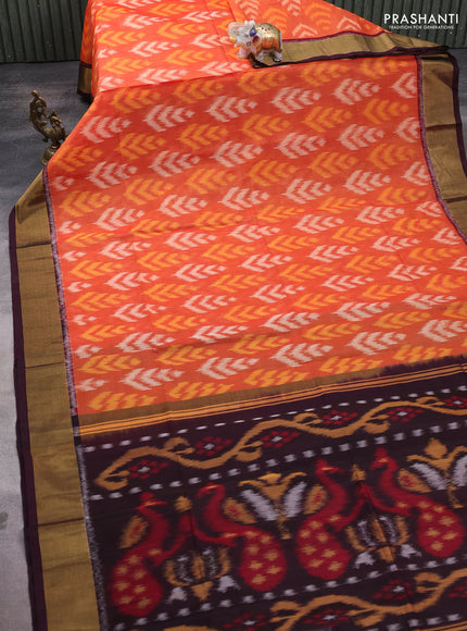 Ikat silk cotton saree orange and coffee brown with allover ikat weaves and zari woven border